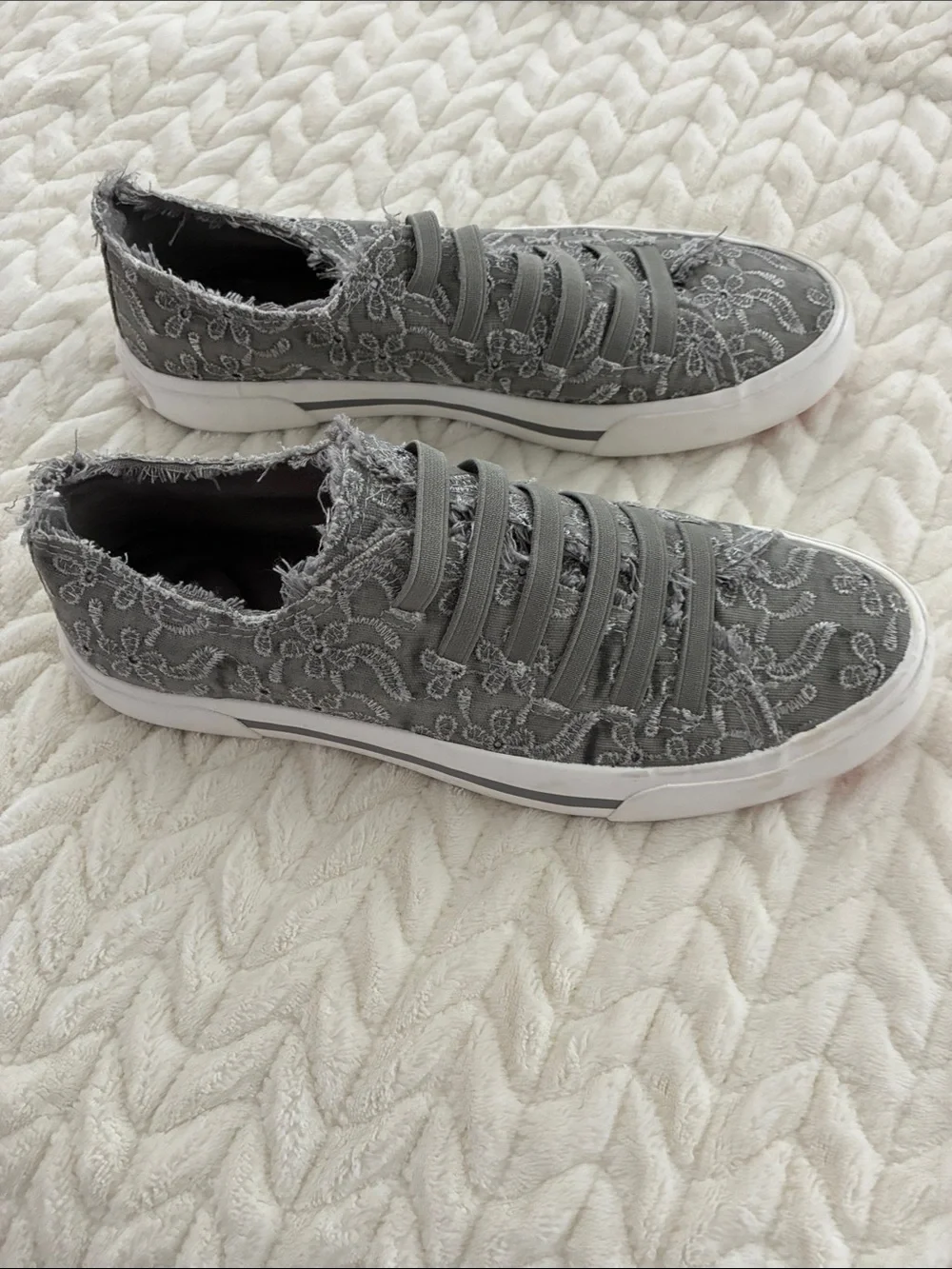 Lush Gray Frayed Slip-On Sneakers with Elastic Straps